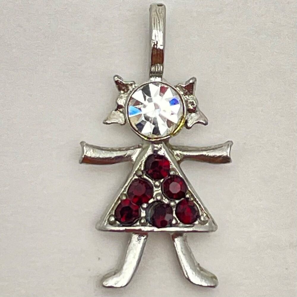 Vintage Birthstone Charm January USA K.I.S. Brats Girl Silver Tone Garnet Stone